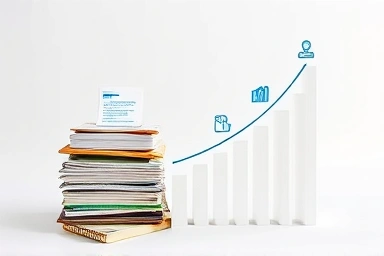Symbolic career growth graph made of financial documents and icons.