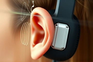 Student absorbing audio information through headphones for learning.