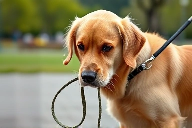 Confused dog and tangled automatic leash with subtle danger hint.