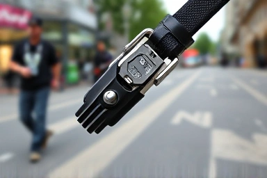 Close-up of automatic dog leash lock mechanism, emphasizing complexity.