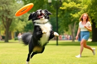 Border Collie catching frisbee in park with owner