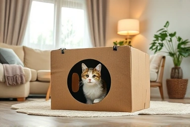 Happy cat in a budget cat hideout, feeling safe and relaxed.