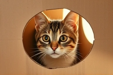 Curious cat peeking from affordable cardboard cat house, feeling secure.