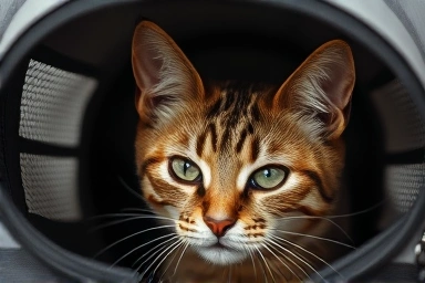 Calm cat inside a well-ventilated cat backpack carrier.