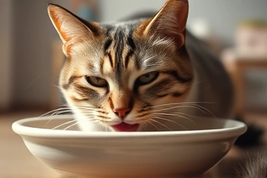 Cat eating from wide, shallow ceramic bowl.