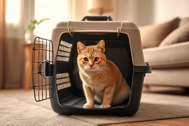 Cat peacefully inside a carrier in a cozy home.