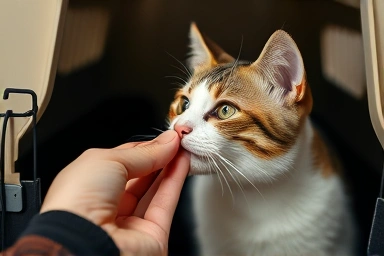 Hand offering a treat to a cat near a carrier.