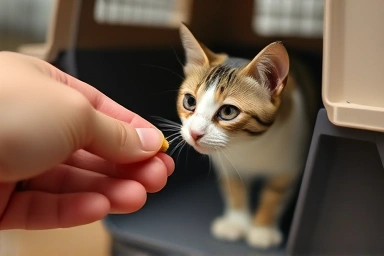 Hand offering treat to cat at cat carrier entrance, showing curiosity