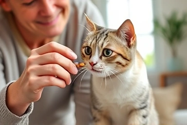 Owner giving cat churu treat, healthy pet care