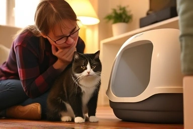 Owner observing cat near litter box, concerned about cat's health.