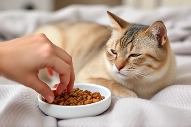 Caring for a senior cat with diabetes, preparing healthy food.