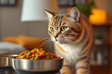 Senior cat with diabetes, healthy diet bowl, peaceful home.