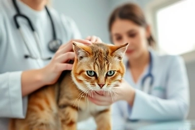 Veterinarian checks cat's health with concerned owner.