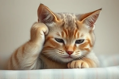 Distressed cat scratching ear, symbolic representation of discomfort.