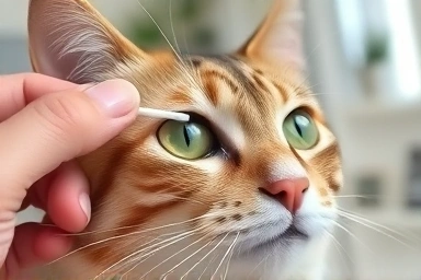 Cat eye care, cleaning discharge gently with cotton swab