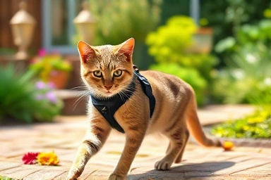 Cat wearing a safe and comfortable harness on a gentle outdoor exploration.
