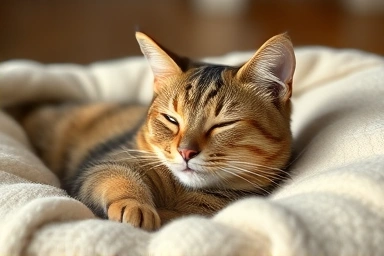 Content cat relaxing on a soft blanket.