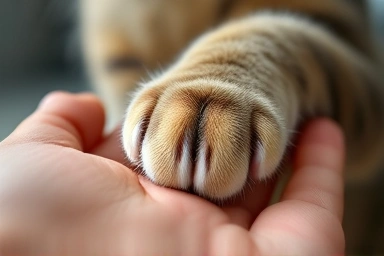Cat's paw resting on a human hand, symbolizing trust.