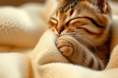 Cat's paws kneading a soft blanket with eyes closed.