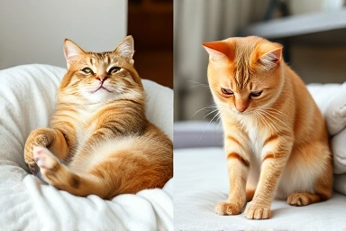 Comparison of cat's relaxed loaf vs. tense, uncomfortable posture.