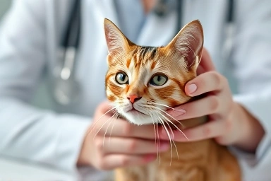 Veterinarian examining a cat, highlighting expert care and recovery.