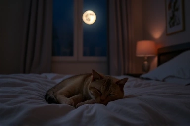 Peaceful cat sleeping soundly in a moonlit bedroom.