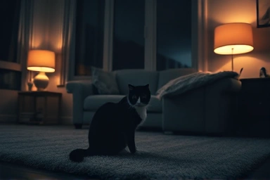 Owner comforts distressed cat at night