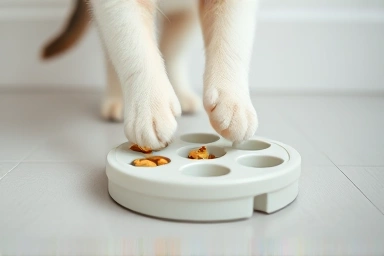 Cat interacts with puzzle feeder toy