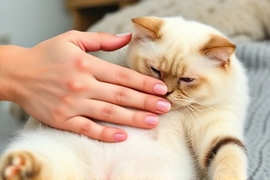 Owner checking cat's belly, pet health care