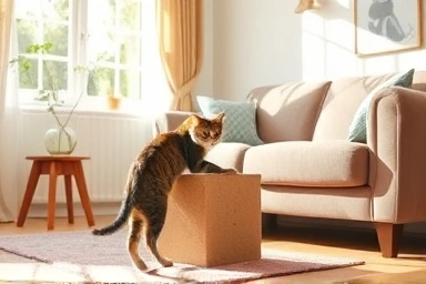 Peaceful living room with cat scratching post, not furniture.