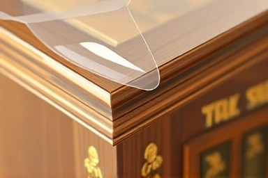 Transparent protective film on furniture corner, preventing cat scratches.