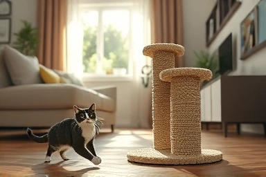Happy cat scratching sisal post in a sunlit living room.
