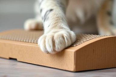 Close-up of cat's paws on a cardboard scratching pad.