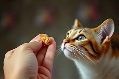 Hand giving a healthy treat to a cat.