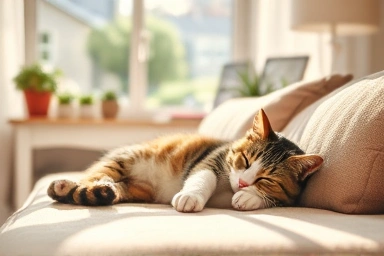 Cozy living room with a napping cat