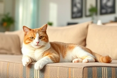 Content cat relaxing in a familiar, sunny home environment.