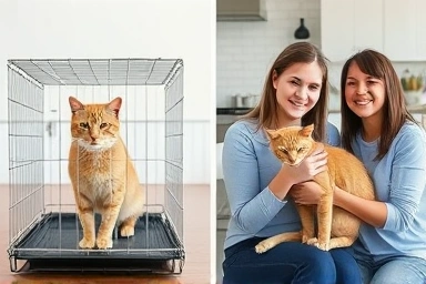 Cat sitting comparison: anxious in hotel vs. happy with pet sitter.