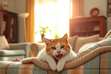 Relaxed cat in a safe, comfortable home environment.