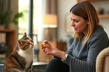 Cat owner comforting a hissing cat with a treat.