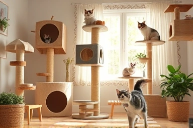 Enriched environment for cats with toys and climbing structures.