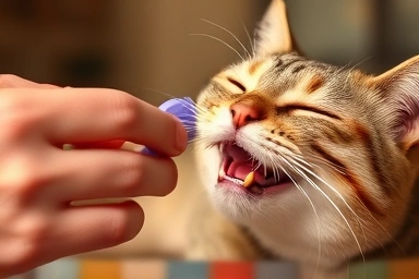 Cat receiving gentle teeth brushing from owner