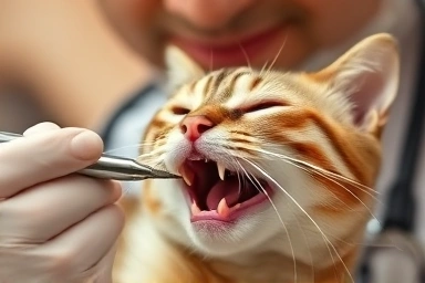 Veterinarian examining cat's teeth for inflammation.