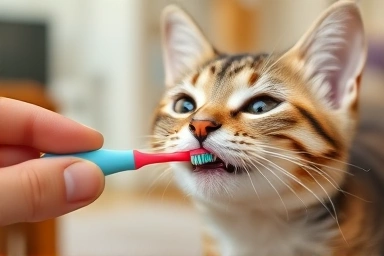 Gentle cat toothbrushing training session at home.