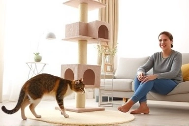 Curious cat exploring a new cat tree with owner nearby.