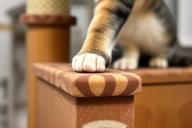 Cat paw reaching for a treat on a cat tower step.