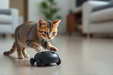 Playful cat engaging with an interactive automatic toy.