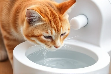 Healthy cat drinking clean water from a fountain.