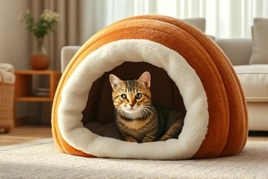 Cozy cat hideaway with a sleeping cat inside.
