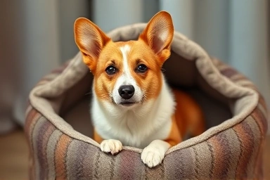 Anxious Welsh Corgi in its safe dog bed.