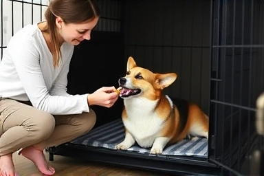Owner positively introducing a dog crate to a Welsh Corgi.